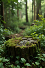 A moss-covered tree stump mockup in a lush forest with a small creek, perfect for product display