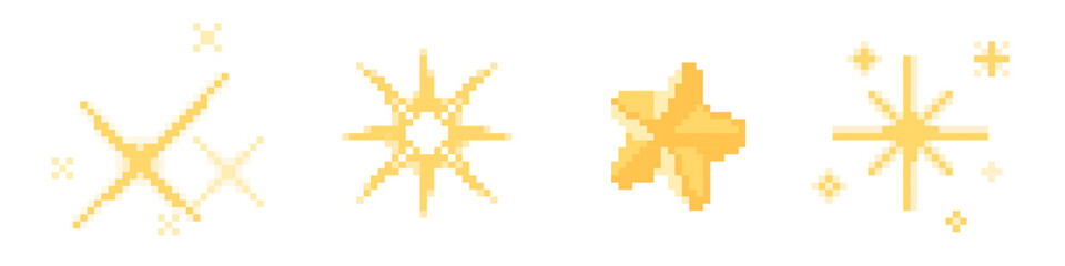 Yellow pixel stars set isolated on white background. Vector cartoon illustration of old 8bit software icon, retro messenger emoji, 80s style arcade game design elements, firework sparkles, boom effect © klyaksun