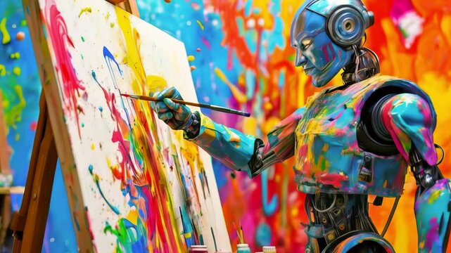 Robot Painter Creating Abstract  Artwork with Vibrant Colors in Studio Environment new beautiful stock video footage animation AI