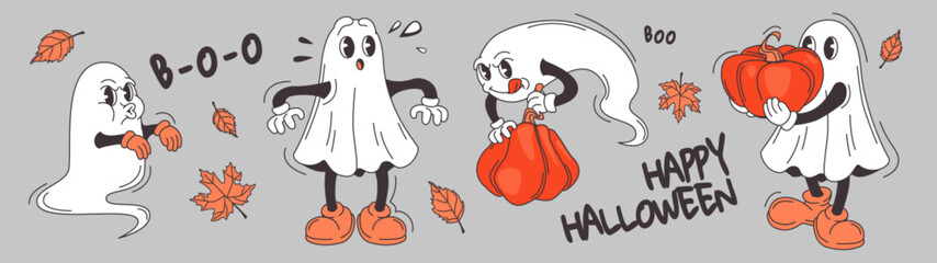Groovy ghost characters in playful Halloween set. Cartoon specters with varied emotions holding pumpkins amid falling maple leaves. Retro inspired festive illustration for seasonal greeting cards.