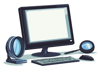 Office computer with magnifying glass