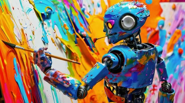 Robot Painter Creating Abstract  Artwork with Vibrant Colors in Studio Environment new beautiful stock video footage animation AI