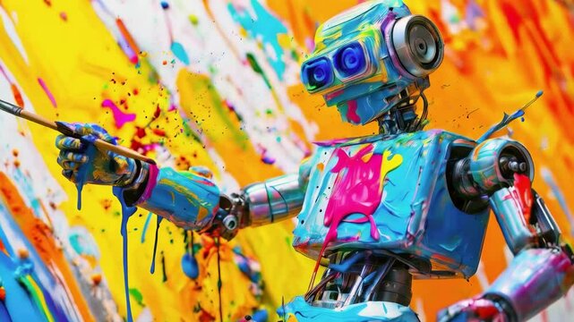 Robot Painter Creating Abstract  Artwork with Vibrant Colors in Studio Environment new beautiful stock video footage animation AI