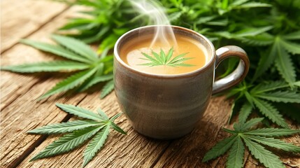 CBD and THC Creamy Drink, Cozy Cannabis-Infused Latte Surrounded by Rustic Hemp Leaves and Wooden Tabletop
