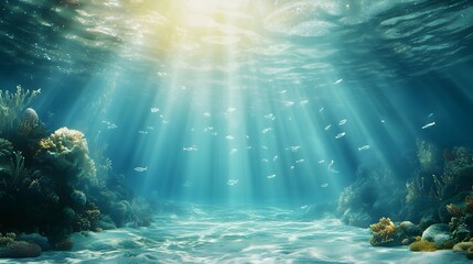 Fototapeta premium Beautiful underwater scene with a lot of fish swimming around. The sunlight is shining through the water, creating a serene and peaceful atmosphere