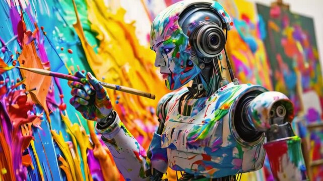 Robot Painter Creating Abstract  Artwork with Vibrant Colors in Studio Environment new beautiful stock video footage animation AI