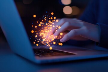 hand on laptop keyboard with light effects