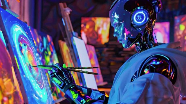 Robot Painter Creating Abstract  Artwork with Vibrant Colors in Studio Environment new beautiful stock video footage animation AI