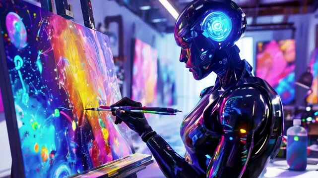 Robot Painter Creating Abstract  Artwork with Vibrant Colors in Studio Environment new beautiful stock video footage animation AI
