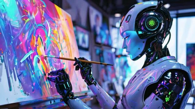 Robot Painter Creating Abstract  Artwork with Vibrant Colors in Studio Environment new beautiful stock video footage animation AI