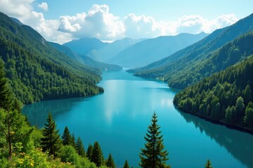 Obraz premium Majestic sapphire lake nestled amongst emerald hills , mountain lake, panorama, environment
