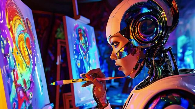 Robot Painter Creating Abstract  Artwork with Vibrant Colors in Studio Environment new beautiful stock video footage animation AI