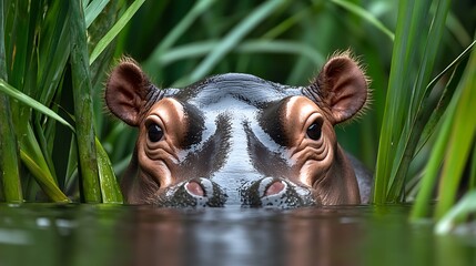 A hippopotamus peeks from the water between tall green reeds
