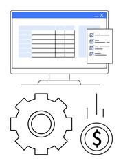 Computer screen displaying a table with checklist, gear for process optimization, and dollar coin for financial efficiency. Ideal for data organization, workflow, productivity, automation, finance