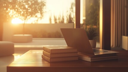 Books and laptop on a wooden table, radiating warmth and focus in golden light.