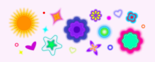 Gradient blur shapes set isolated on white background. Vector illustration of abstract neon sun, flower, heart, circle with aura color effect, glowing watercolor stickers, retro poster design elements