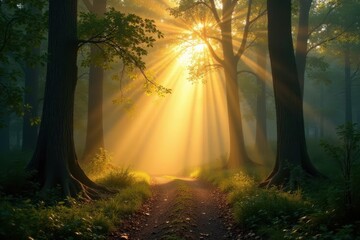 Golden light shafts illuminate foggy woods, dappled shadows , foliage, light, trees