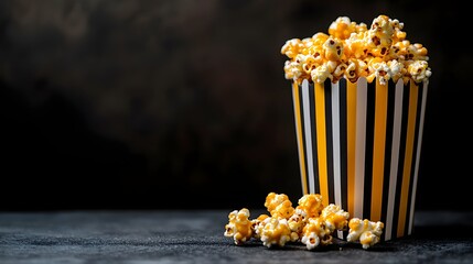 Inviting Caramel Popcorn Spilling from Striped Bag with Warm Tones and Selective Focus