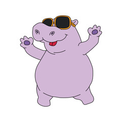 Cartoon hippo wearing sunglasses and waving, a fun and cheerful character with a cool and friendly vibe