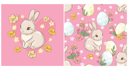 Hand drawn cute rabbit seamless pattern illustration background woodland Cute Bunny and easter eggs vector 