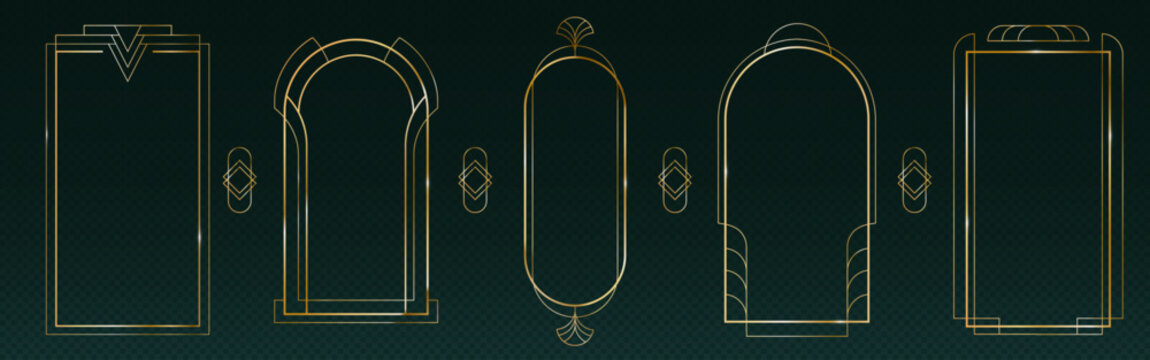 Naklejki Great Gatsby deco frame collection with golden outlines on dark background. Elegant geometric borders of arches, fan motifs and diamond ornaments. Art decorative elements for invitations design.