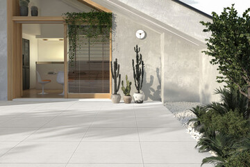 3D Render of Modern Minimalist Entrance with White Tiled Patio, Cactus Plants, and Stylish Home Interior