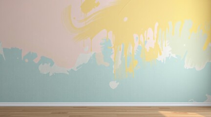 Soft pastel wall with paint drips in yellow and blue, complemented by a wooden floor