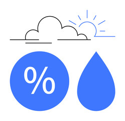 Cloud and sun in top half with blue percentage circle and blue water droplet below. Ideal for weather forecasts, climate awareness, humidity levels, meteorology, environment studies, water cycle