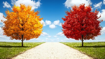 Naklejka premium Two Trees with Orange and Red Autumn Leaves on a Path