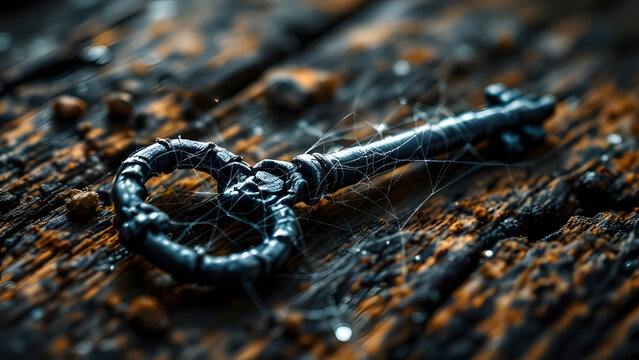 Secret key, Old iron key covered in cobwebs on a wooden surface
