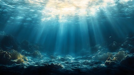 The image is of a deep blue ocean with sunlight shining through the water. Scene is peaceful and serene, as the sunlight creates a beautiful and calming effect on the water