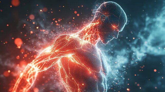 Ultra realistic visualization of anaerobic energy production muscle under hypoxia vibrant molecular details showing ATP synthesis glowing lactic acid pathways proportional anatomy cinematic highlights