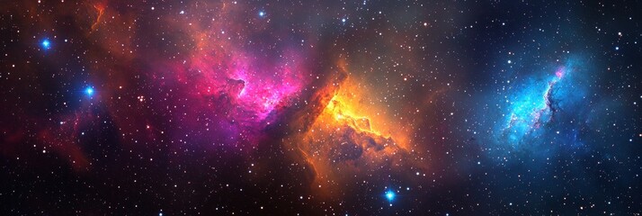 Distant galaxy filled with vibrant star clusters and glowing nebulae
