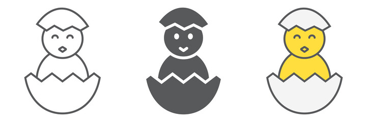 Chick peeking out off egg icon collection, easter and holiday, chick in egg icon set, vector graphics, a linear pattern on a white background, eps 10