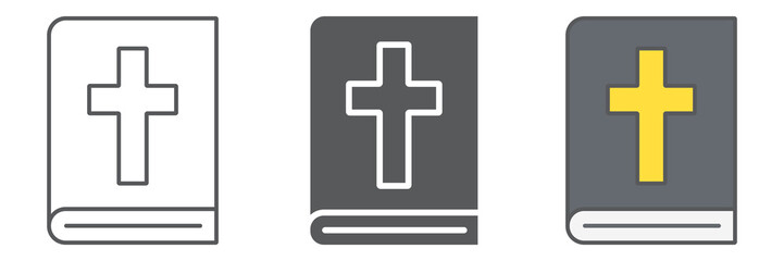 Obraz premium Holy Bible icon collection, religion and prayer, holy book icon set, vector graphics, a linear pattern on a white background, eps 10