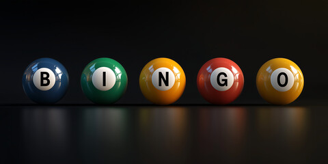 Colorful bingo balls spelling the word "BINGO" on a reflective black surface, gambling and entertainment concept with a vibrant and playful aesthetic