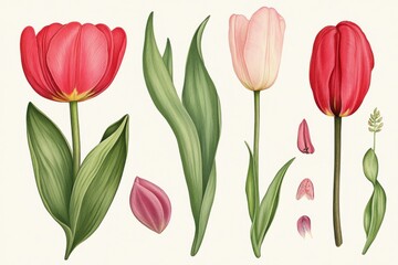 Obraz premium Illustration of various parts of Tulipa plant showcasing blooms, leaves, and petals in detailed arrangement