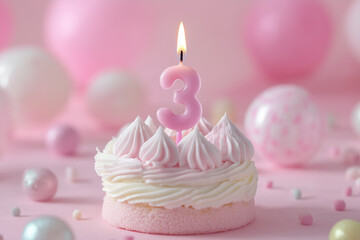Lit candle in shape of number 3 on delicious happy birthday cake dessert close up detail against pastel pink background.