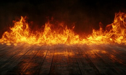 illustration of fire flames on a dark background, with an empty wooden table in front of it. The colors are predominantly orange and yellow, with red glow effects.