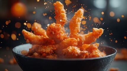 Explosions of Fried Chicken Strips and Crispy Borders Flying Out of a Bowl Filled with Chicken Feet &mdash; Dynamic Food Photography with a Beautiful Background, Capturing Crispy Delights in Motion.