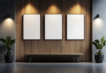 Three empty poster mock-up frames on a wooden panel wall with soft lighting and decorative plants, stylish corporate interior with a modern seating area