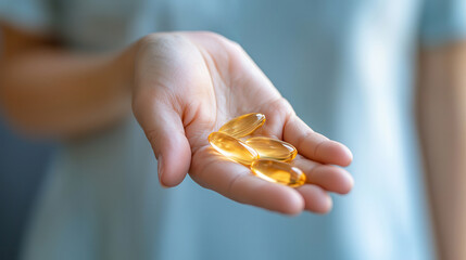 Vitamin E serum: Nourishing skin capsules Hand holding golden gelatin capsules for health and wellness.