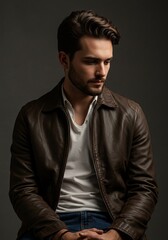 Fototapeta premium Stylish Portrait of a Man in a Leather Jacket with Thoughtful Pose for Fashion and Lifestyle Concepts