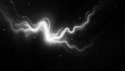 A stunning black and white abstract composition that depicts flowing, swirling patterns of light set against a deep, dark background
