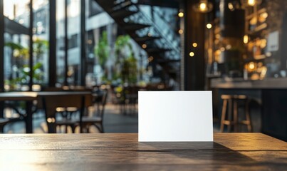 blank white card on the table in front, with a blurred background featuring an urban coffee shop interior design with black walls and glass windows.