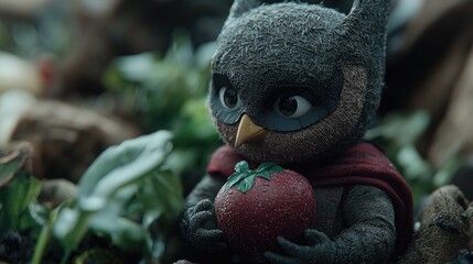 Obraz premium Cute Superhero Figure Holding Tomato in Nature