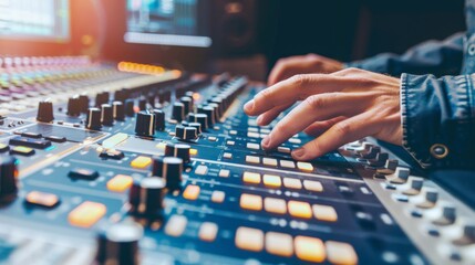Serene audio studio with sound engineer adjusting noise reduction settings on mixing console, symbolizing the meticulous process of eliminating unwanted sounds.