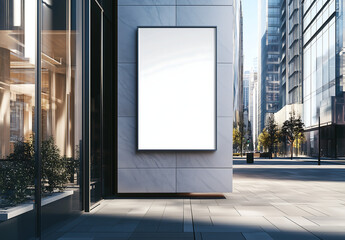 Modern city street advertising with one empty poster mock-up frame on a sleek urban billboard, contemporary commercial space with glass buildings and clean architectural design