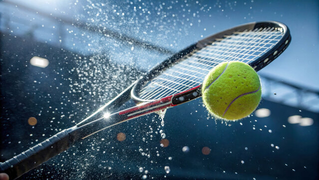 A close-up of a tennis racket with raindrops on the strings before a powerful shot. A ball hangs in the air, creating a tense atmosphere of competition.