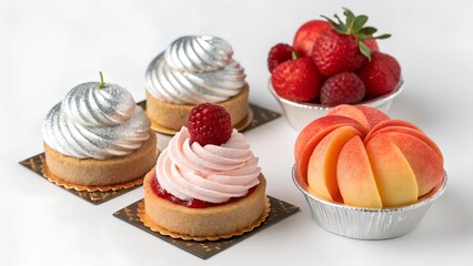 Delightful Dessert Assortment: A tempting array of exquisite mini tarts and fresh fruit, meticulously arranged in individual metallic cups. capturing the gourmet delights